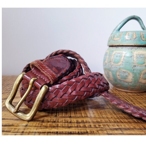 90's Chocolate Brown Preppy Braided Leather Belt with Solid Brass Buckle 30 - Picture 1 of 4